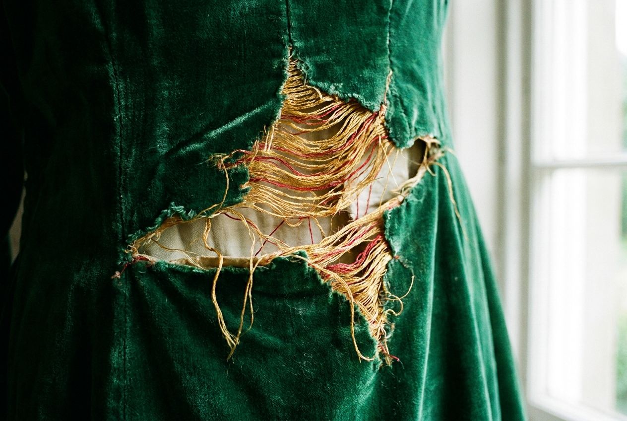 A dramatic, high-resolution close-up photograph of a significant tear in the luxurious fabric of a garment, with individual threads visibly fraying from the seam. Natural light highlights the texture of the cloth and the imperfection, creating a visually striking representation of a defect. Composed for a 3:2 landscape frame.