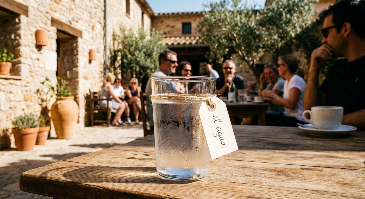A refreshing glass of 'el agua' (water) with condensation, placed on a rustic wooden table in a sun-drenched Spanish courtyard. In the blurred background, people are naturally conversing, creating a vivid scene of everyday Spanish life, captured in a dramatic photograph.