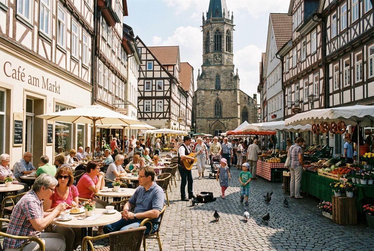 A bustling outdoor café and market scene in a charming German town, with people enjoying coffee and pastries, chatting, and browsing items at stalls. The image should capture a vibrant atmosphere where many things exist and various activities are possible, composed as a vivid photograph in a 3:2 landscape frame.