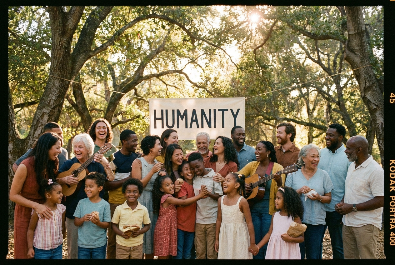 A vibrant, wide-angle photograph showing a diverse group of people of varying ages and ethnicities gathered closely, laughing and sharing a moment of genuine connection under warm, dappled sunlight. The scene emphasizes unity, respect, and shared humanity, composed for a dramatic 3:2 landscape frame.