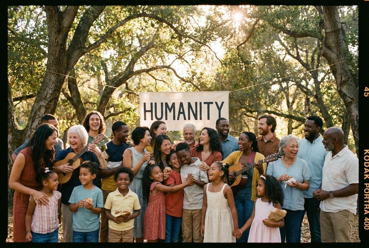 A vibrant, wide-angle photograph showing a diverse group of people of varying ages and ethnicities gathered closely, laughing and sharing a moment of genuine connection under warm, dappled sunlight. The scene emphasizes unity, respect, and shared humanity, composed for a dramatic 3:2 landscape frame.