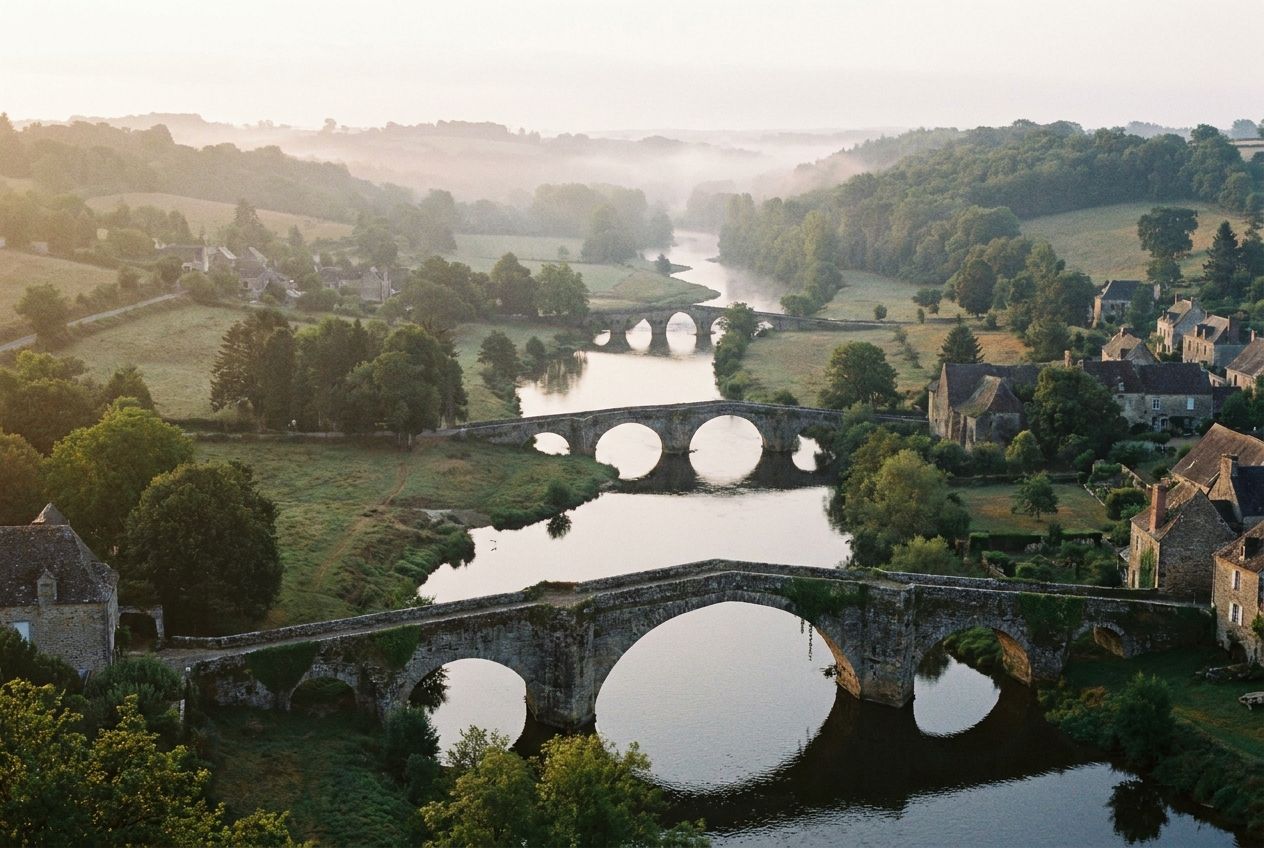 A scenic view of a winding river with multiple elegant, historical stone bridges connecting its banks, stretching into the hazy distance under a soft, diffused morning light. The composition emphasizes continuous flow and connection in a 3:2 landscape photograph.