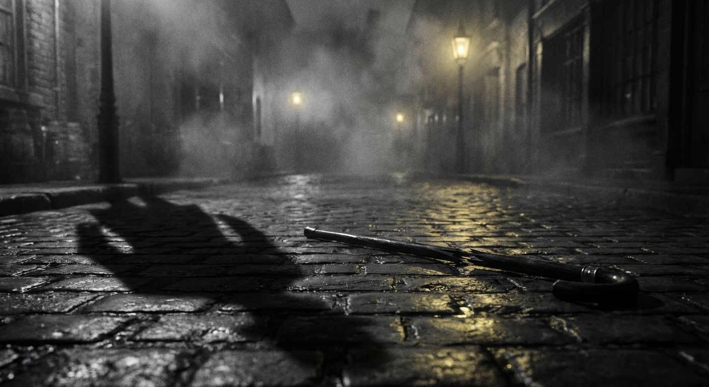 A broken, heavy wooden walking cane lies discarded on damp, gaslit cobblestones in a dark, foggy Victorian London alleyway at night. A long, distorted shadow stretches menacingly from the edge of the frame, hinting at an unseen, unsettling presence. Dramatic, high-contrast photography.
