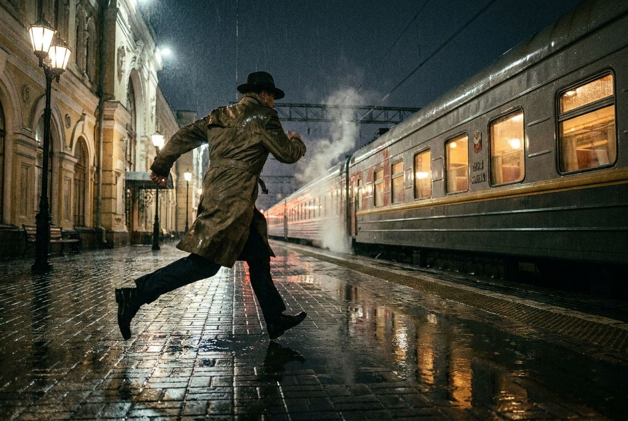 A dynamic, low-angle photograph of a person mid-stride, running urgently along a dimly lit train platform towards a departing classic Russian train. The platform is wet from recent rain, reflecting the warm glow of the train's interior lights and the station architecture, composed for a 3:2 landscape frame.