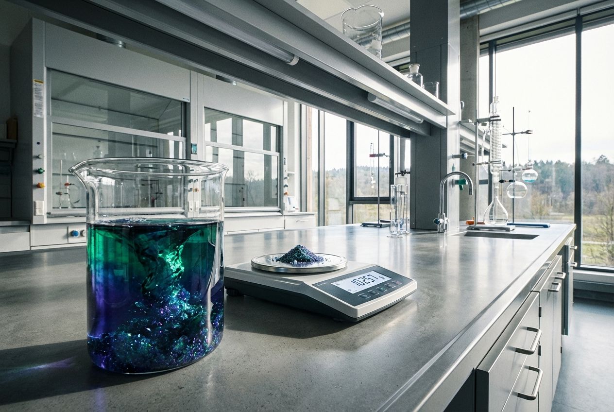 A wide-angle, dramatic photograph of a pristine, modern chemistry laboratory bench. In the foreground, a clear glass beaker holds a vivid, deeply colored solution, with delicate, shimmering crystals actively precipitating and settling at the bottom. A precise, digital scale sits nearby, with a small, perfectly formed pile of extracted crystals on its pan, symbolizing exact measurement and efficient yield. The scene is brightly lit, emphasizing clarity and precision, 3:2 landscape.