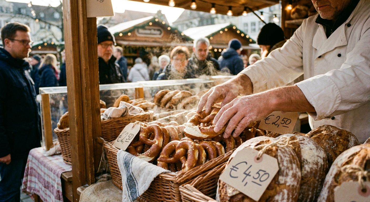 A vivid, close-up photograph of a baker's hands arranging freshly baked pretzels and Brot at a bustling traditional German market stall. The scene is rich with authentic details, warm natural light, and the subtle presence of numbers on small price tags, conveying the lively commerce.