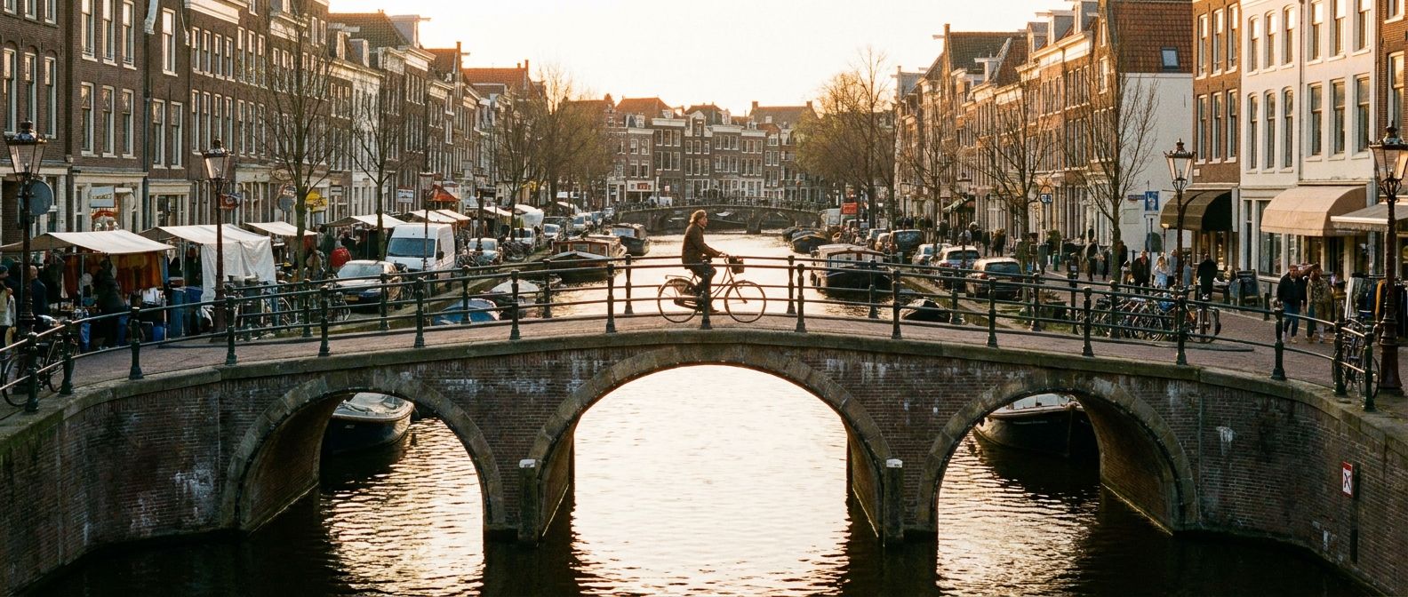 A vivid, wide-angle photograph of a beautiful arched stone bridge spanning a tranquil canal in a historic Dutch city, connecting two bustling sides of the waterway. Traditional gabled houses line the banks, and a person on a bicycle crosses the bridge, bathed in the soft glow of golden hour.