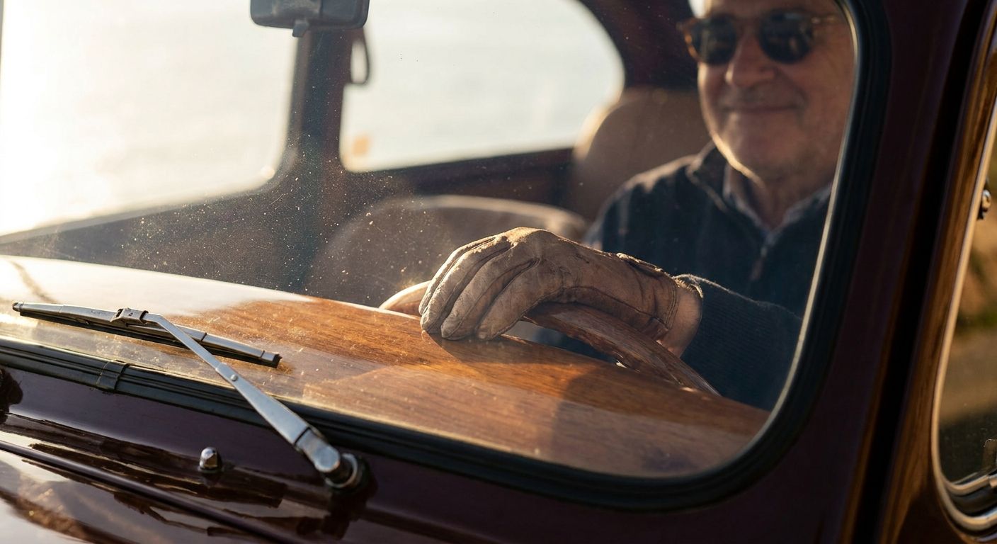 A dramatic close-up photograph captures a person's hand gently resting on the polished dashboard of a classic Spanish car, with their face softly blurred in the background, a subtle smile indicating contentment and admiration. Warm sunlight streams through the windshield, highlighting the rich details of the interior.
