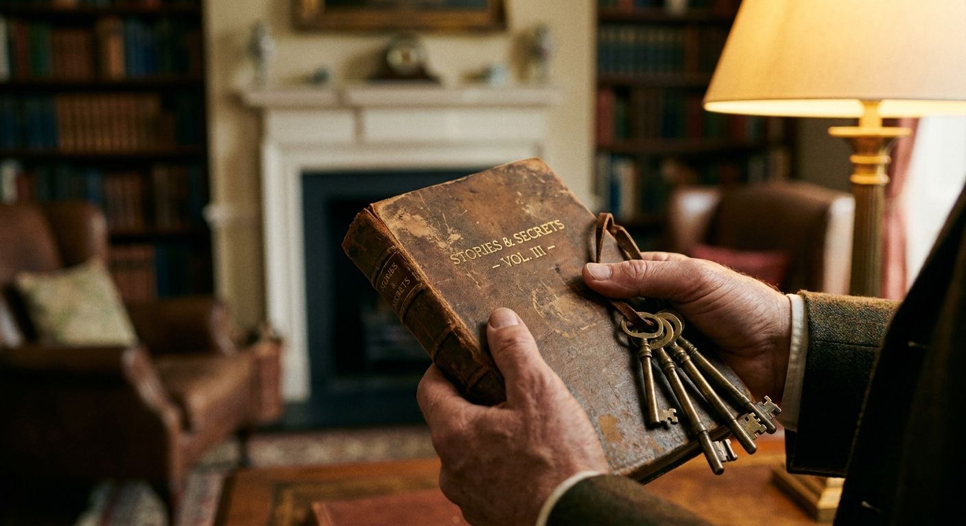 A close-up, warm-toned photograph of a person's hands gently holding a vintage leather-bound book and a set of antique brass keys. The background is a softly blurred, cozy interior of a traditional British study, with warm lamplight, emphasizing the direct connection between the hands and the distinct, owned objects.