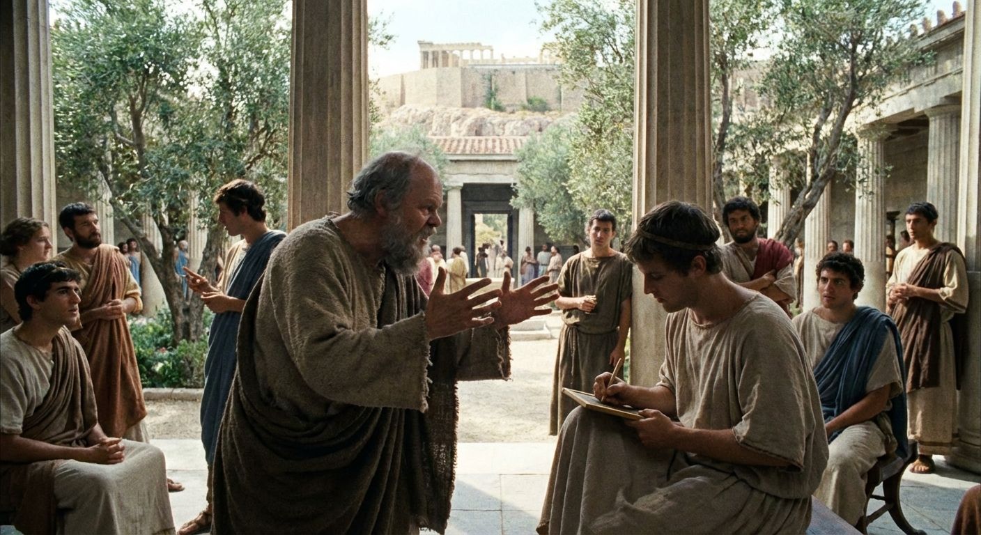 The image depicts a scene reminiscent of ancient Greece, staged in a courtyard setting with classical architecture.  A grey-bearded man, likely a philosopher or teacher, stands at the forefront, animatedly gesturing with his hands while speaking to his followers.  Students in tunics surround him, listening attentively. A young man seated on the right takes notes on a tablet.  

The colors are muted and earthy, with prevalent beiges, browns, and creams in the clothing and architecture. The courtyard is lush with greenery, and in the background, through an archway framed by columns, the Acropolis stands on a hill. The composition is layered, creating depth. The lighting suggests a sunny day, casting shadows within the courtyard. Overall the style has a vintage, possibly cinematic feel.