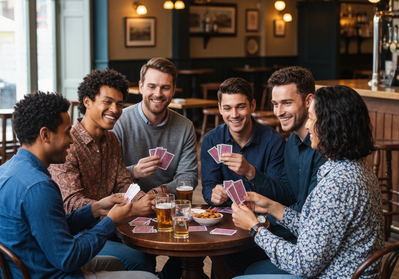 A dramatic, close-up photograph capturing multiple hands holding playing cards around a rustic wooden table, with hints of other people and the warm, inviting ambiance of a traditional French bistro blurred in the background. The scene conveys shared leisure and friendly competition in a 3:2 landscape frame.