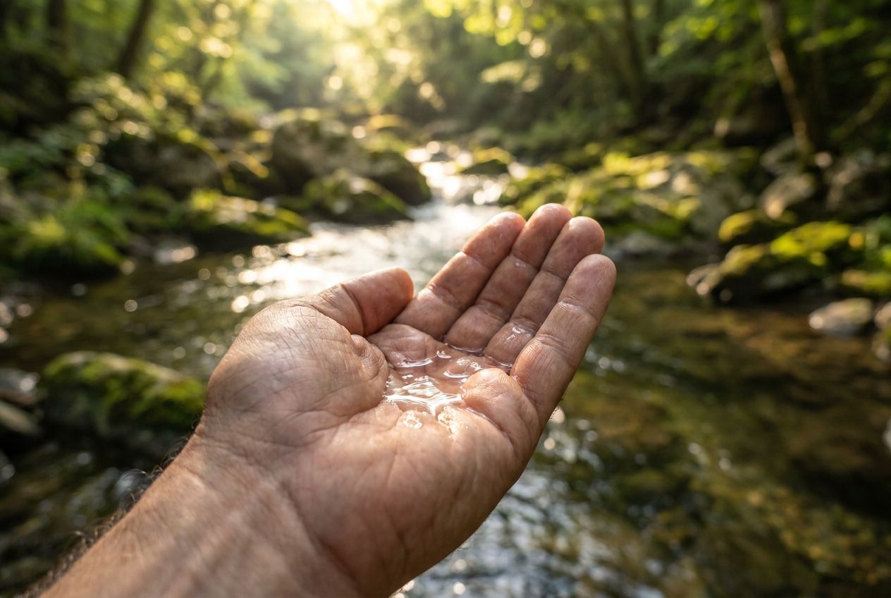 A dramatic close-up photograph of a human hand cupped, holding perfectly clear, sparkling water with sunlight glinting on the surface. The background is a blurred, pristine natural stream or river, emphasizing purity, continuous flow, and the essential role of water in life processes, composed for a 3:2 landscape.