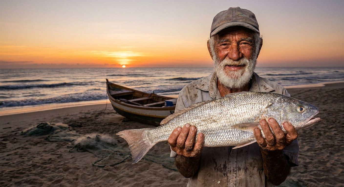 A vivid photograph of a seasoned Brazilian fisherman, his face etched with character and experience, proudly holding his catch of the day, embodying his identity and inherent traits. In the background, the serene, golden light of a sunrise over the ocean illuminates his temporary spot on the beach, representing his current state and location.