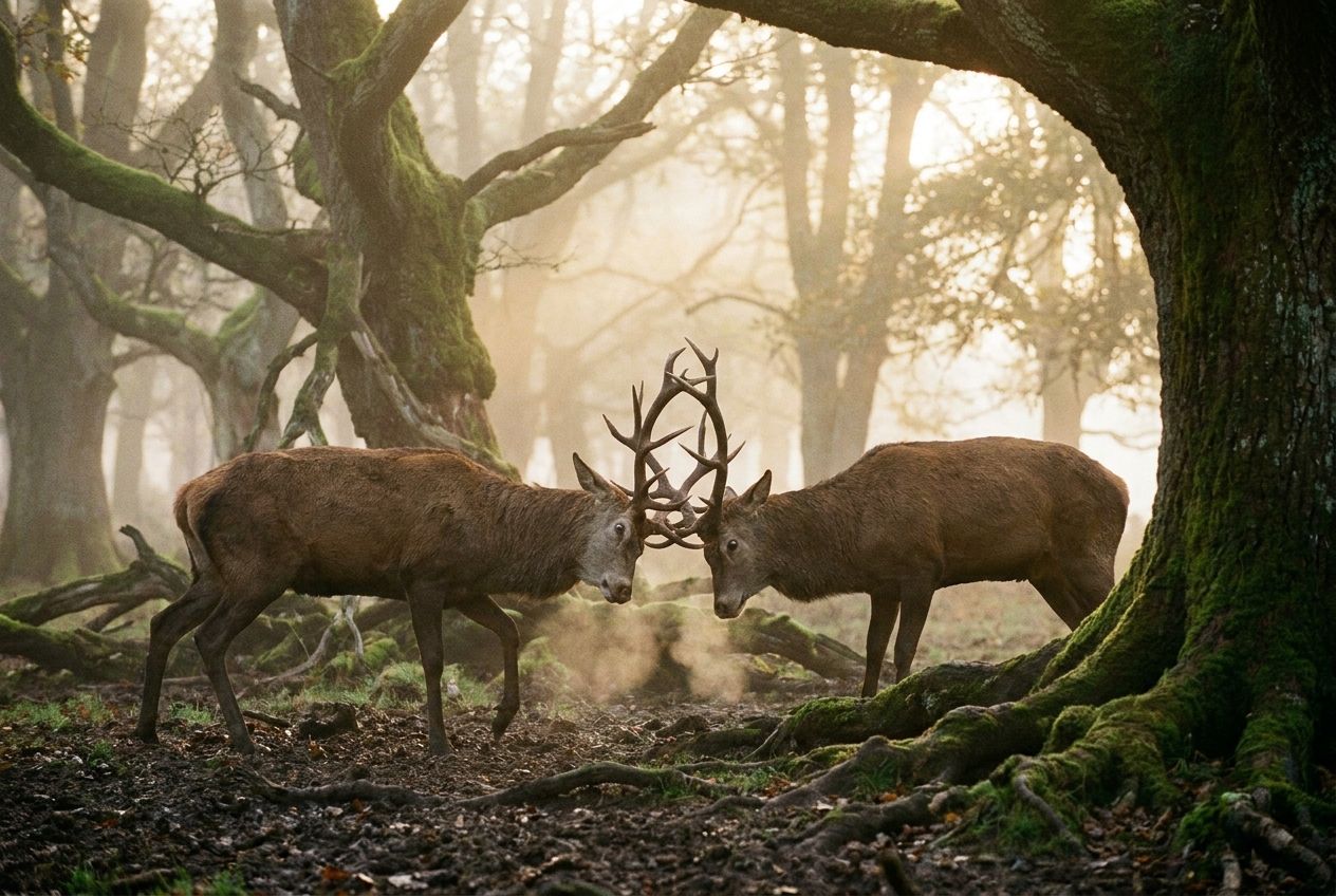 A dramatic photograph of two powerful stags with locked antlers, battling in a misty, ancient forest at dawn. The scene emphasizes raw strength and the struggle for dominance, bathed in soft, ethereal light within a 3:2 landscape frame.