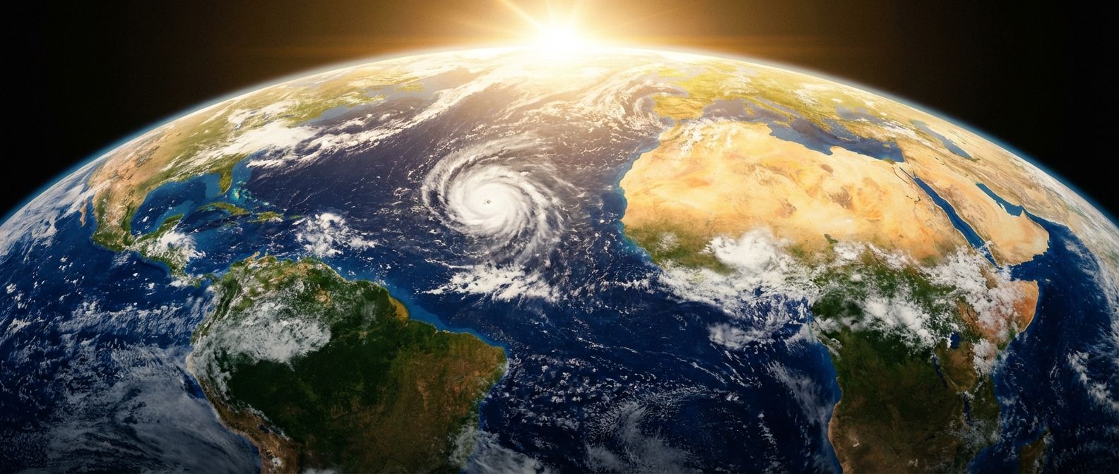 A dramatic, wide-angle photograph of the Earth from space, bathed in the golden light of the sun, with swirling, dynamic cloud formations visible over oceans, hinting at powerful weather systems and a distant tropical storm. The distinct bands of deserts and rainforests are subtly visible on the landmasses below.