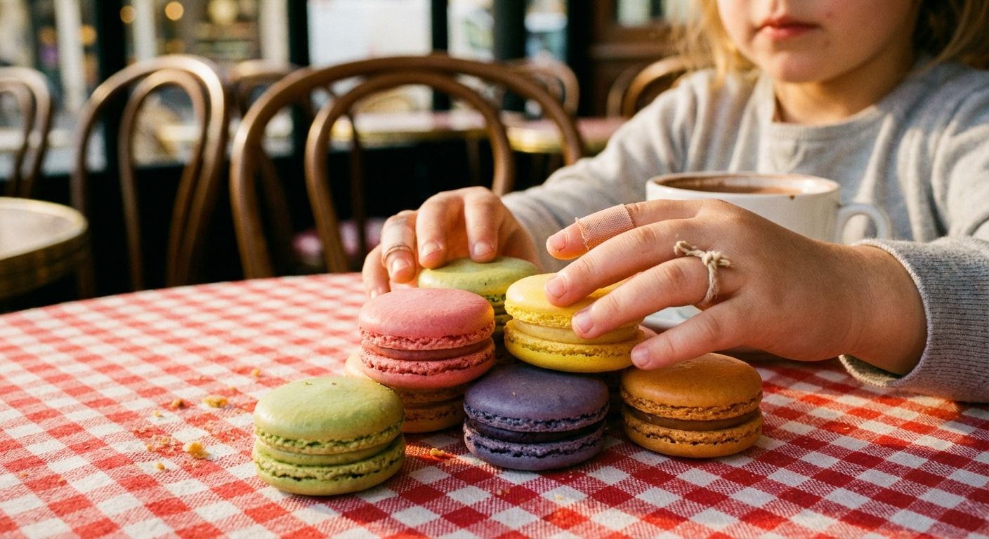 This is a close-up shot of a child stacking colorful macarons on a red and white checkered tablecloth. The macarons are pastel shades of green, pink, yellow, purple, and orange. The child, wearing a gray sweater, is partially visible in the upper right corner, with their hands arranging the macarons. A mug of chocolate sits behind the macarons. The background features blurry cafe chairs and a glimpse of the outdoors, creating a soft, warm atmosphere. The image has a shallow depth of field, with the macarons in sharp focus. The overall style is inviting and sweet.
