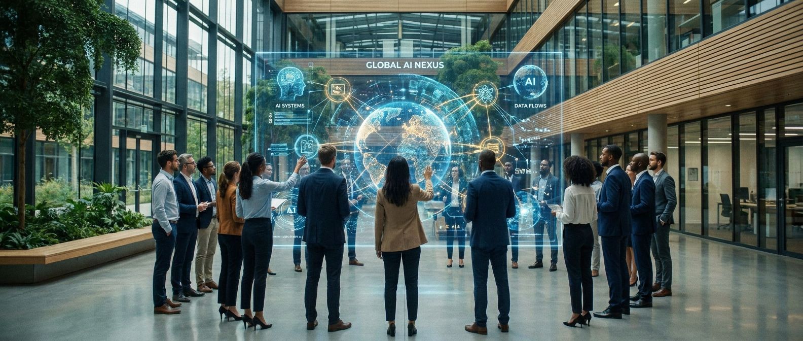 A wide-angle, dramatic photograph of a diverse group of professionals in a sleek, modern European tech campus, intensely focused on a large, transparent holographic projection displaying a complex, interconnected digital network representing AI systems and global data flows. The scene should convey collaboration, innovation, and the far-reaching scope of technology.