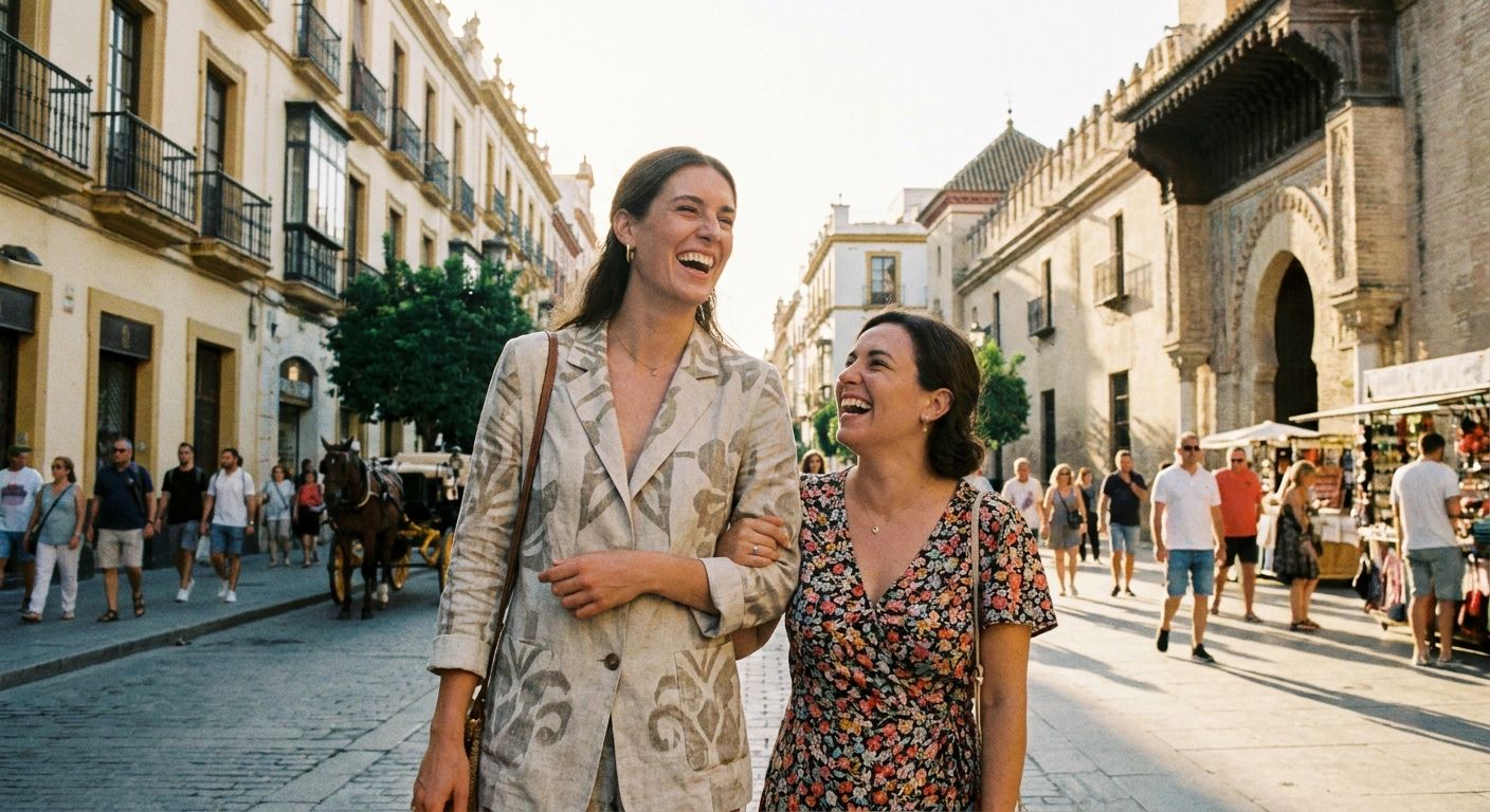 A candid photograph of two Spanish women, one significantly taller than the other, walking and laughing together down a bustling, sunlit street in Seville, Spain, with historic architecture in the background, subtly highlighting their height difference.