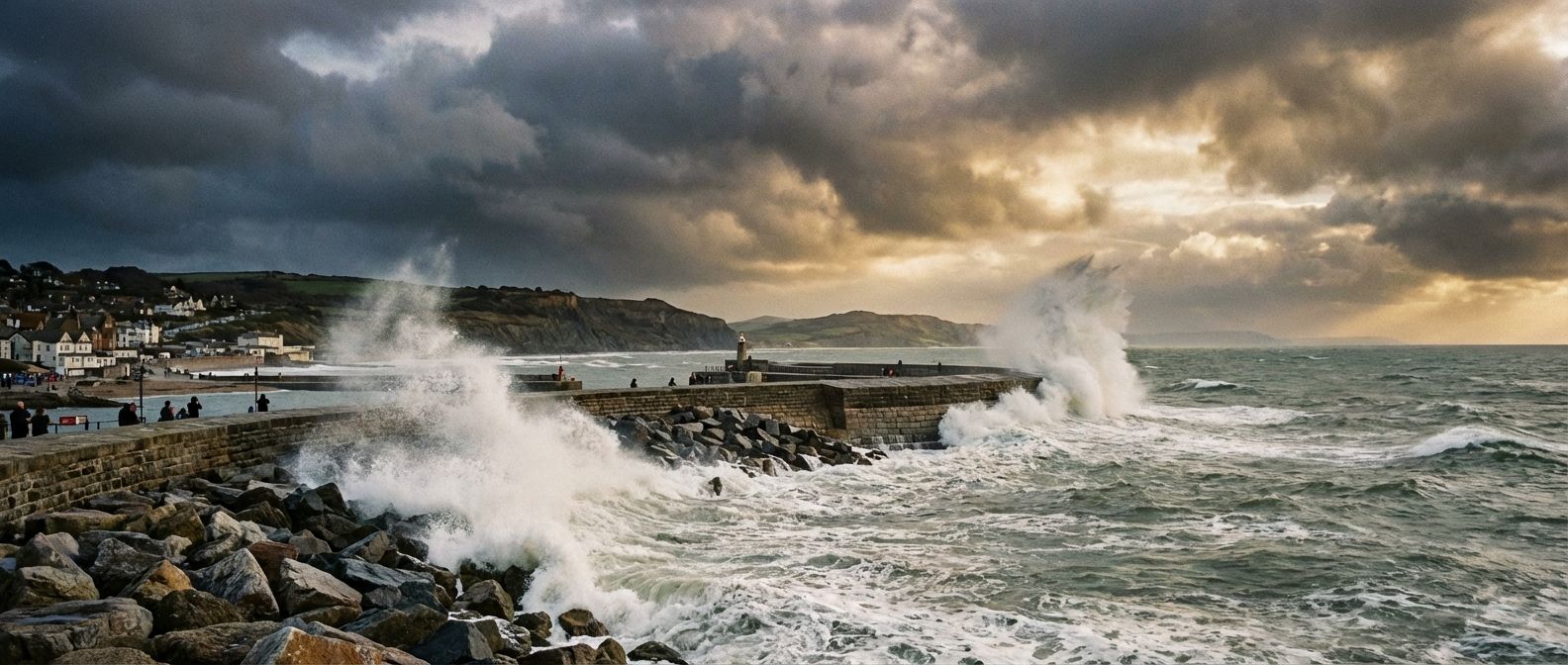 A striking, wide-angle photograph of The Cobb harbour wall in Lyme Regis, England, with powerful ocean waves dramatically crashing against its formidable sea walls and rock armour under a moody, beautiful sky, capturing the essence of coastal defence.