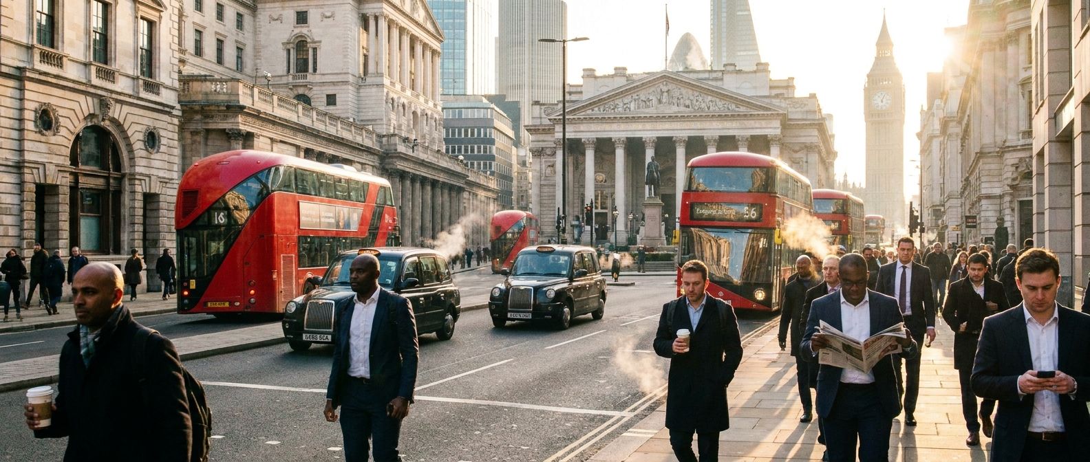 A vibrant, wide-angle photograph of a bustling London street on a crisp morning. Red double-decker buses and black cabs move past classic British architecture, while diverse people walk purposefully, some holding coffee, others reading. The scene is bathed in soft, golden morning light, capturing the energy of daily routines.