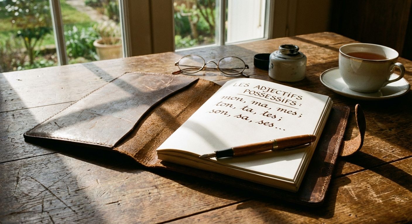 The image evokes a cozy, vintage feel. A worn, wooden table is the setting for a still life. An open leather-bound notebook with the words "LES ADJECTIFS POSSESSIFS" written in brown ink takes center stage. The notebook is held open by a fountain pen lying across its pages. Behind the notebook are round spectacles, a small inkwell, and a teacup with tea. Soft, natural light streams in from a window in the background, casting shadows across the table. The color palette is warm, with browns, creams, and a hint of green from the outside view through the window. The composition is relaxed and inviting, suggesting a moment of quiet study or contemplation.