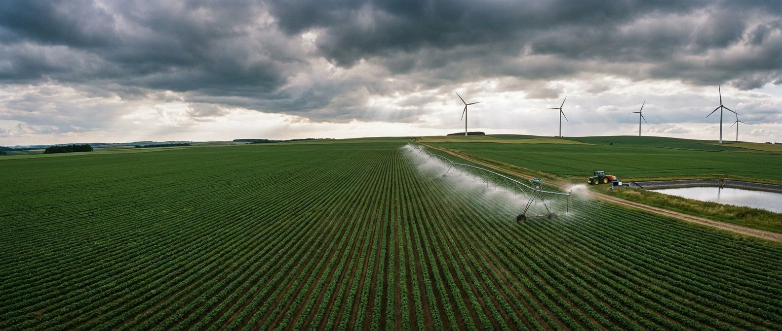 A dramatic wide-angle landscape photograph of a vast, modern agricultural field in the UK, featuring precise crop rows and a visible irrigation system. On the distant horizon, several sleek wind turbines stand against a dramatic sky, symbolizing the interconnected management of food, water, and energy resources.