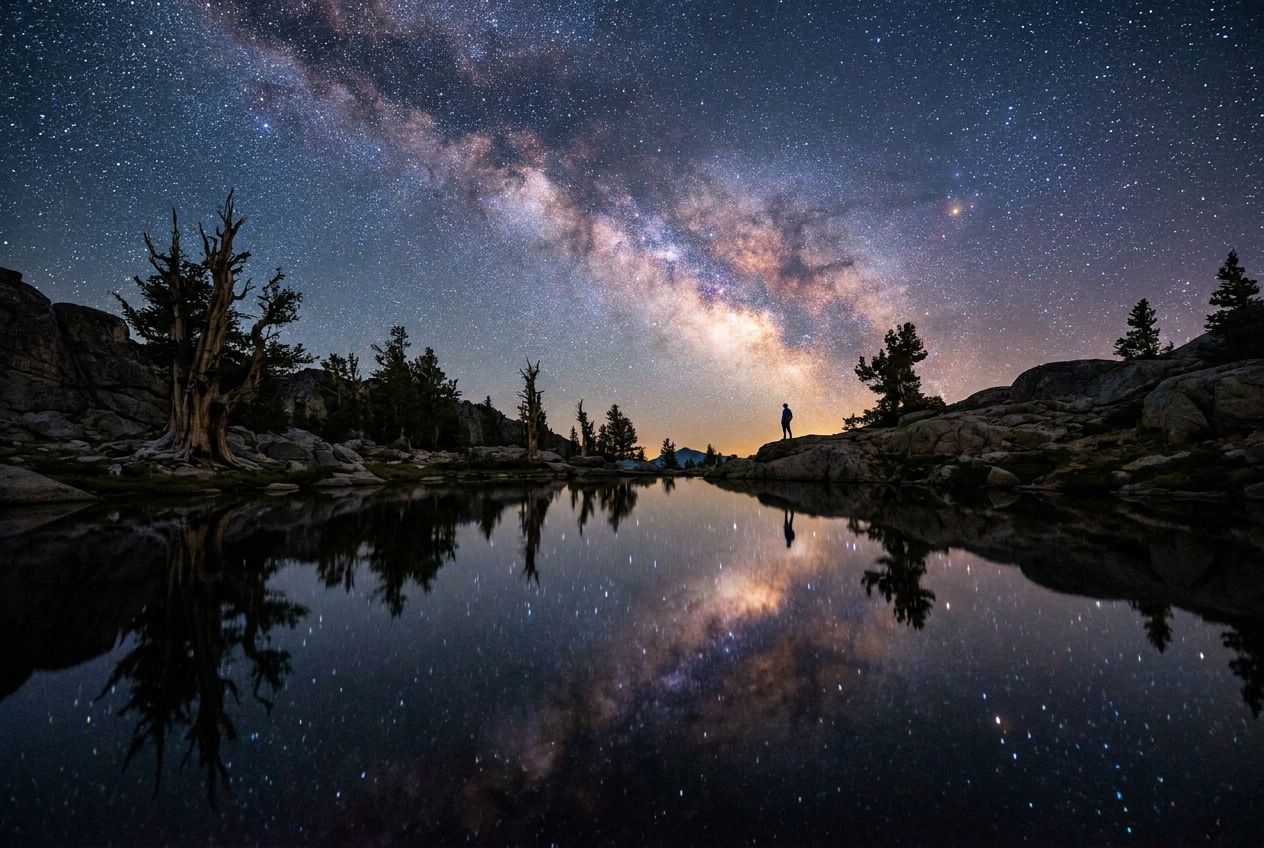 A dramatic wide-angle photograph capturing a breathtaking, star-filled night sky with a visible galaxy, perfectly reflected in a still, dark body of water. The composition, designed for a 3:2 landscape frame, evokes a profound sense of cosmic order and ancient wisdom.