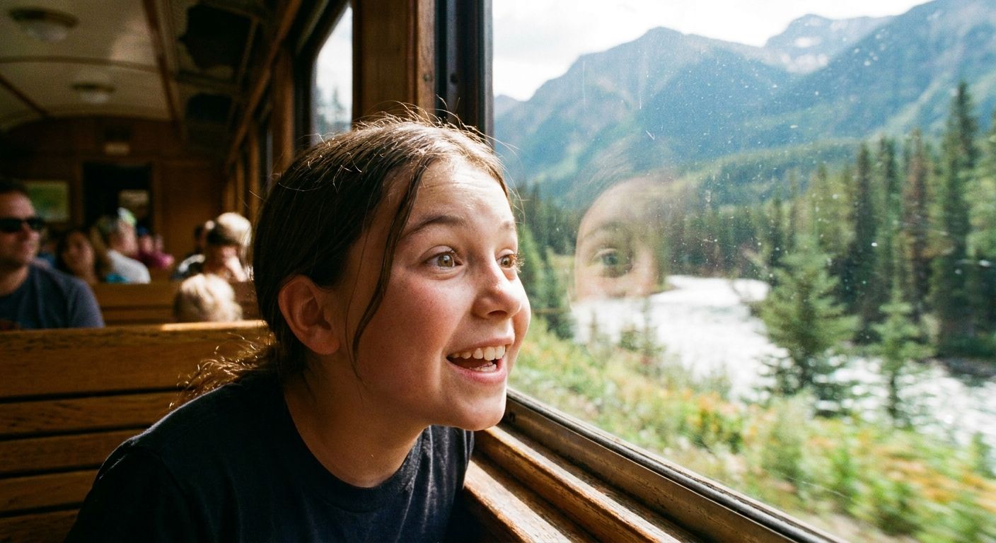 A young person gazes out of a train window with a look of eager anticipation and excitement. Outside, the blurred, vibrant landscape of a stunning natural area rushes past, conveying the thrilling and dynamic nature of the journey in a vivid, natural light photograph.