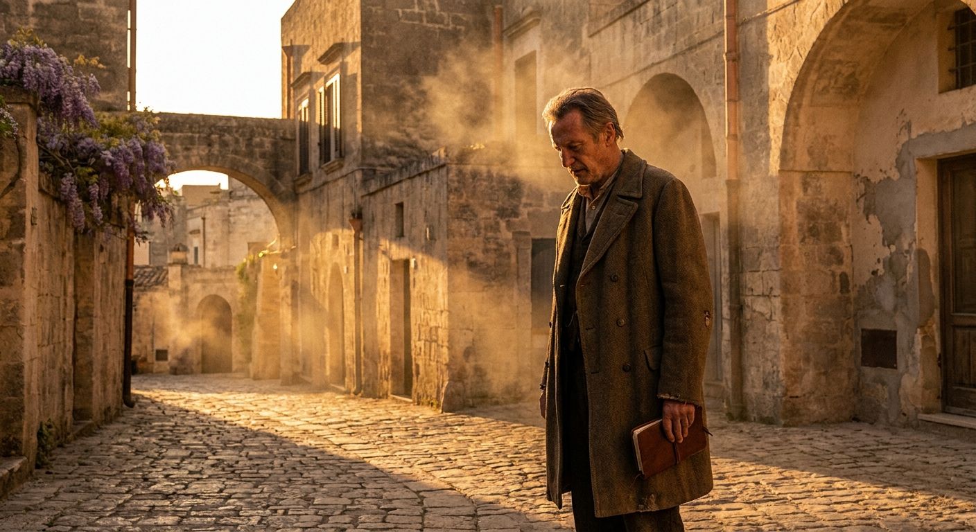 A dramatic, cinematic photograph of a lone protagonist, a contemplative figure, standing on a charming cobblestone street in a historic Italian town at golden hour, the warm light casting long shadows and hinting at untold stories.