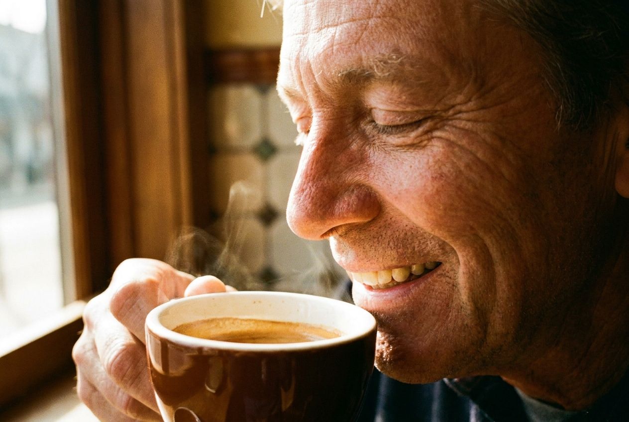 An extreme close-up, candid photograph of a person's face, eyes gently closed in pure bliss, as they deeply inhale the rich, inviting aroma of freshly brewed Italian espresso. Soft morning light streams into a traditional Italian cafe, illuminating the subtle smile of contentment on their face, capturing a moment of profound sensory pleasure, composed for a 3:2 landscape frame.