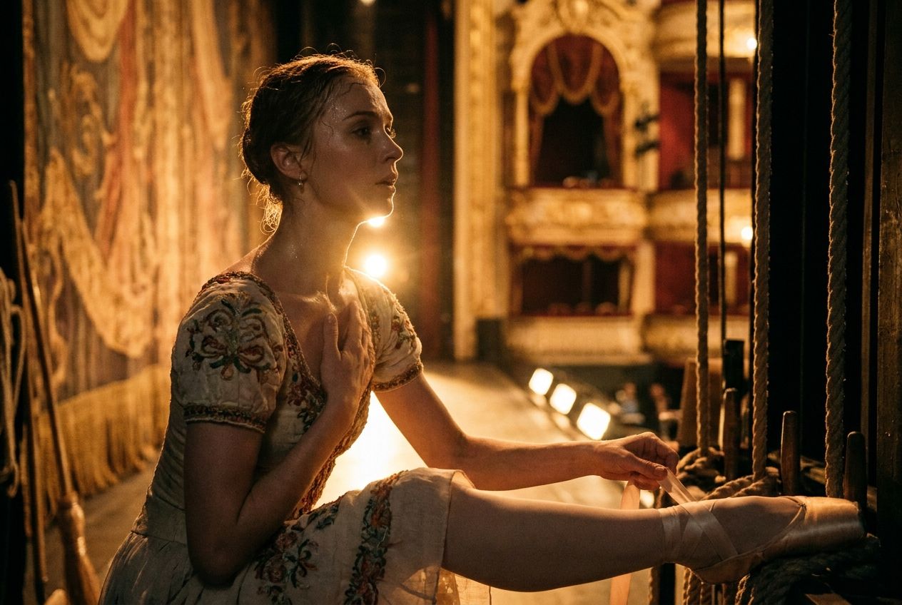 An editorial photograph of a Russian ballet dancer backstage, captured in a focused, poised moment just before stepping onto the stage, perhaps adjusting a pointe shoe or taking a deep breath. Dramatic, warm stage lighting illuminates the scene, highlighting the dancer's silhouette and the texture of her costume against a blurred, ornate theatrical background, composed for a 3:2 landscape frame.