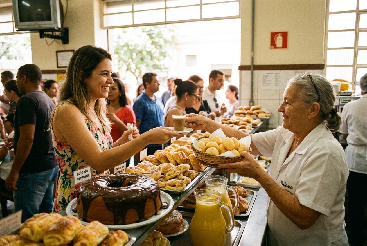 A vibrant, candid photograph of a customer ordering at a bustling counter inside a traditional Brazilian padaria. A friendly server hands over a 'pingado' coffee and a warm 'pão de queijo', with other delicious Brazilian snacks like 'bolo de cenoura' and 'suco de maracujá' visible on display, all bathed in warm morning light, composed for a 3:2 landscape frame.