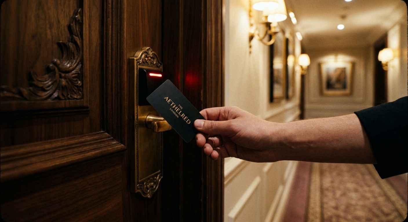 A close-up, cinematic photograph shows a hand holding a sleek hotel key card, attempting to open an elegant wooden hotel room door. The card reader light on the door is distinctly red, indicating a malfunction, set against the softly blurred background of a luxurious hotel corridor illuminated by warm, inviting light.