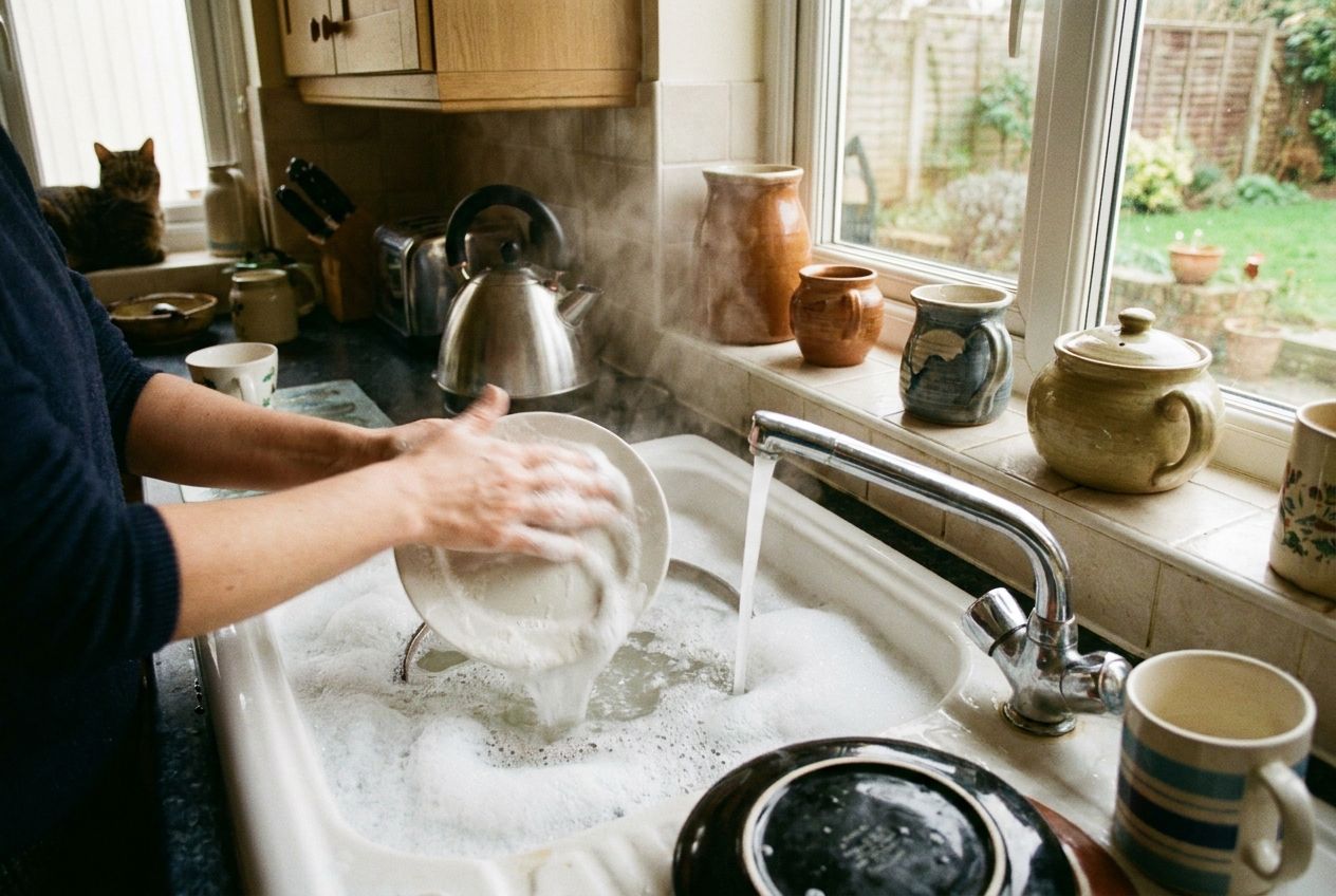 A vibrant, candid photograph capturing hands vigorously washing dishes in a sink full of warm soapy water and abundant suds. The background subtly reveals a cozy, sunlit British kitchen, composed for a 3:2 landscape frame.
