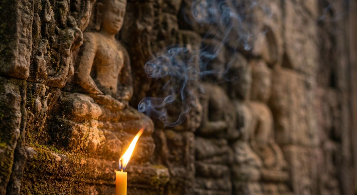 A dramatic, close-up photograph of a single, vibrant candle flame, gently flickering, with subtle tendrils of smoke rising, set against the softly blurred, ancient stone wall of a Buddhist temple at dusk. The warm, golden light illuminates intricate carvings, evoking the ephemeral nature of all existence and the interconnectedness of conditions.