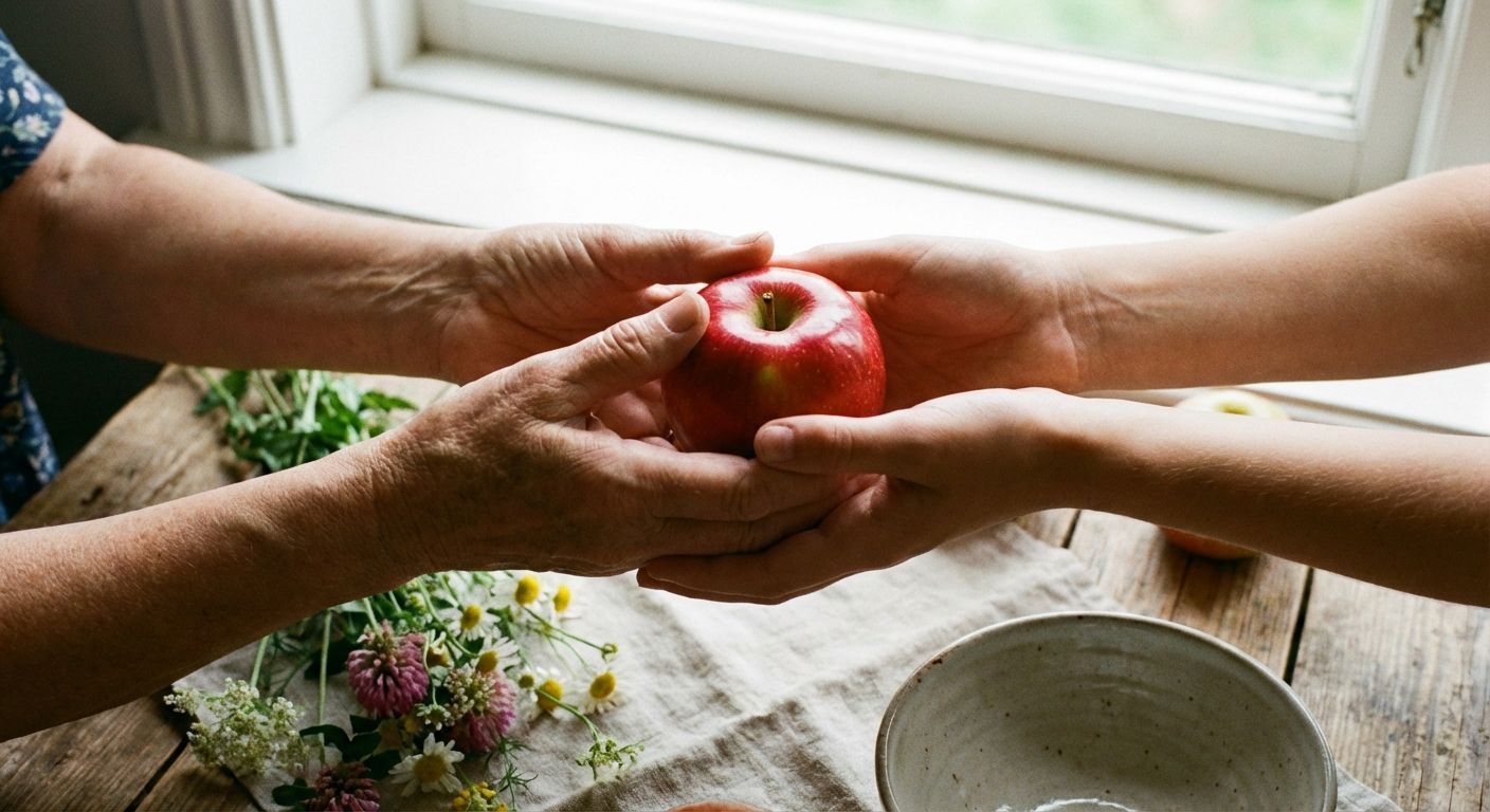 A close-up, high-angle professional photograph of two hands gracefully exchanging a single, ripe red apple. The hands should be positioned to show a clear, smooth transfer, with soft, natural lighting emphasizing the elegance of the interaction.