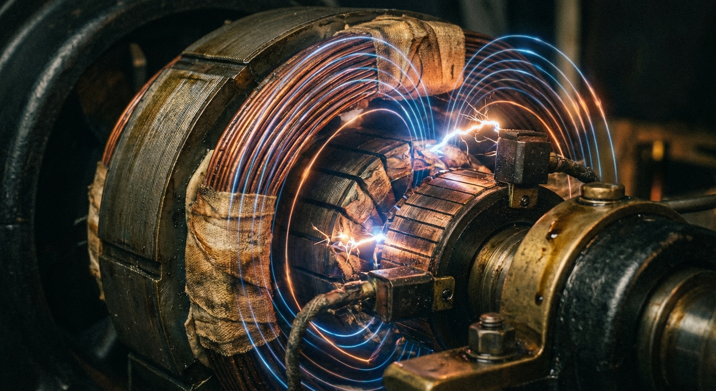 A close-up shot of the inner workings of a vintage dynamo, focusing on the copper coils and the magnetic field lines, with sparks visible in the gaps. The image is dimly lit, emphasizing the contrast between the glowing sparks and the dark machinery.