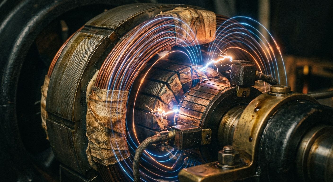 A close-up shot of the inner workings of a vintage dynamo, focusing on the copper coils and the magnetic field lines, with sparks visible in the gaps. The image is dimly lit, emphasizing the contrast between the glowing sparks and the dark machinery.