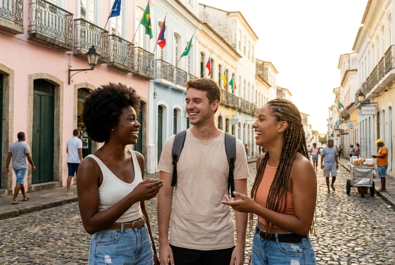 Three diverse young adults, smiling warmly and making eye contact, are engaged in a friendly conversation on a vibrant street in the Pelourinho district of Salvador, Brazil. The colorful colonial architecture forms a lively backdrop under warm, natural sunlight, capturing a moment of connection and introduction. Photorealistic, 3:2 landscape.