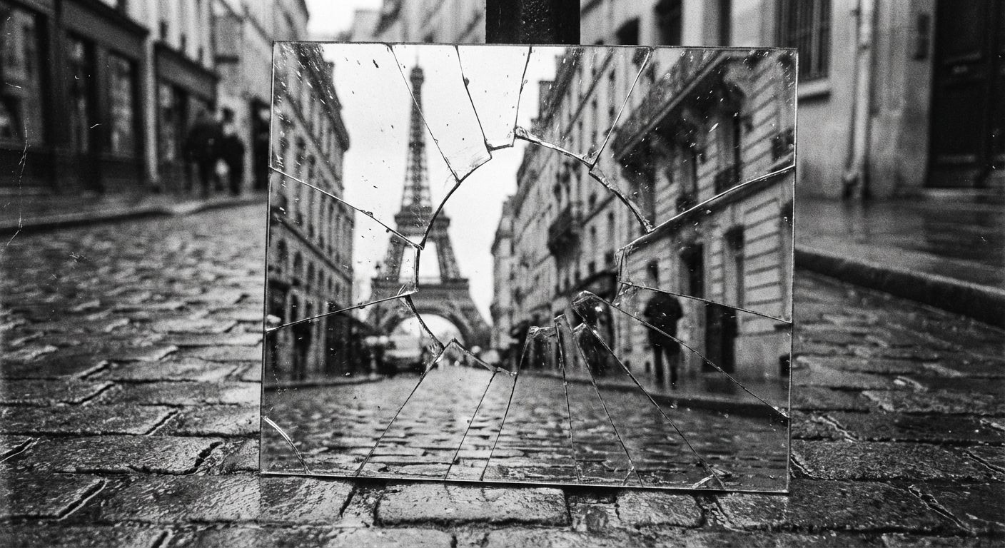 This is a black and white photograph in a fine art style. The subject is a cracked, square mirror positioned on a cobblestone street, reflecting the Eiffel Tower in the distance. The tower is centered within the mirror's reflection, partially obscured by the cracks. The street and surrounding buildings are blurred, creating a sense of depth. The composition is balanced, with the mirror serving as a frame within the frame. The lighting is overcast, creating a moody atmosphere. There are some scratches visible on the photo, giving it an old vintage look.