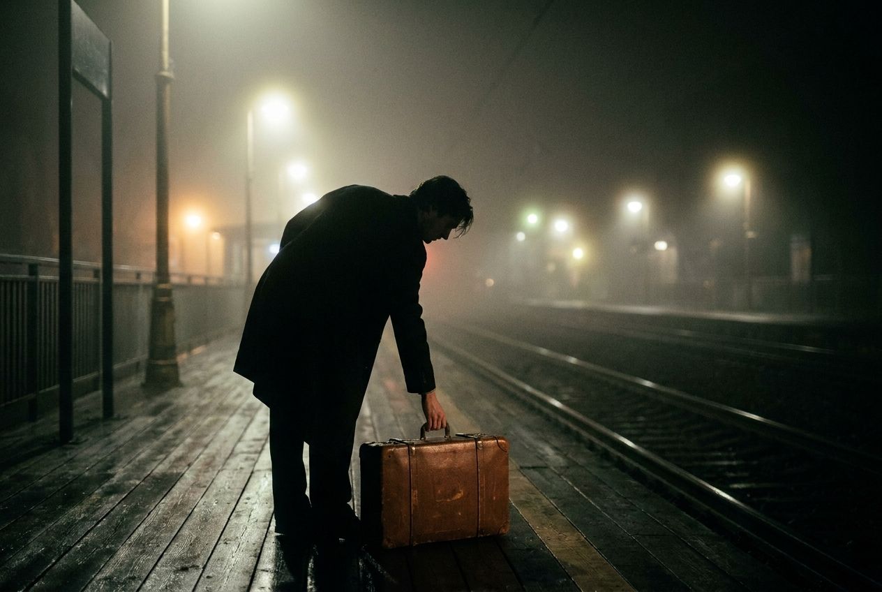 A lone traveler stands on a dimly lit, fog-shrouded train platform, their silhouette framed by the atmospheric glow of distant station lights. They glance at their small, worn suitcase at their feet, conveying a sense of quiet waiting and uncertainty for a delayed or cancelled journey. This is a dramatic photograph composed for a 3:2 landscape frame.