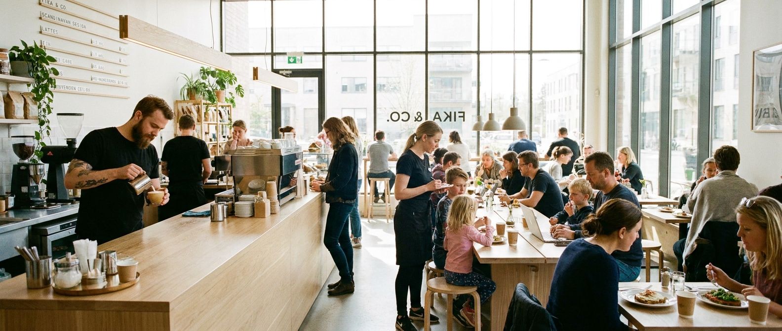 A vibrant, wide-angle photograph of a bustling modern Swedish cafe or restaurant, filled with people of various ages. A barista is expertly preparing coffee behind a sleek counter, while a server attends to customers at beautifully designed tables. Sunlight streams in through large windows, highlighting the warm, inviting atmosphere and clean lines of Scandinavian design, capturing the essence of Swedish fika culture and work-life.