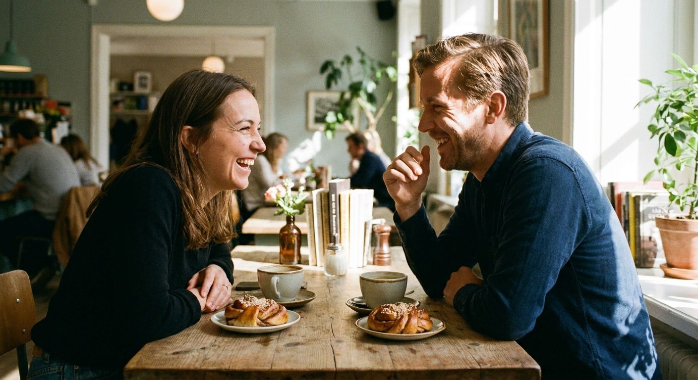 A candid, sunlit close-up photograph of two friends in a cozy Swedish cafe, deeply engaged in conversation and laughter during a fika. Their expressive faces are highlighted, with traditional kanelbullar and coffee cups visible on a rustic wooden table in the foreground, against a softly blurred background.