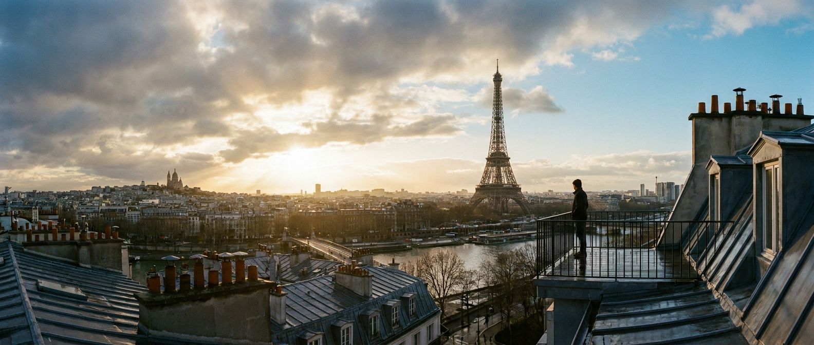 A dramatic wide-angle photograph from a Parisian rooftop at dawn, overlooking the sprawling city as the first golden rays of sun break through the clouds. The scene evokes a sense of anticipation and the boundless possibilities of a new day and the future, with a clear, hopeful sky.
