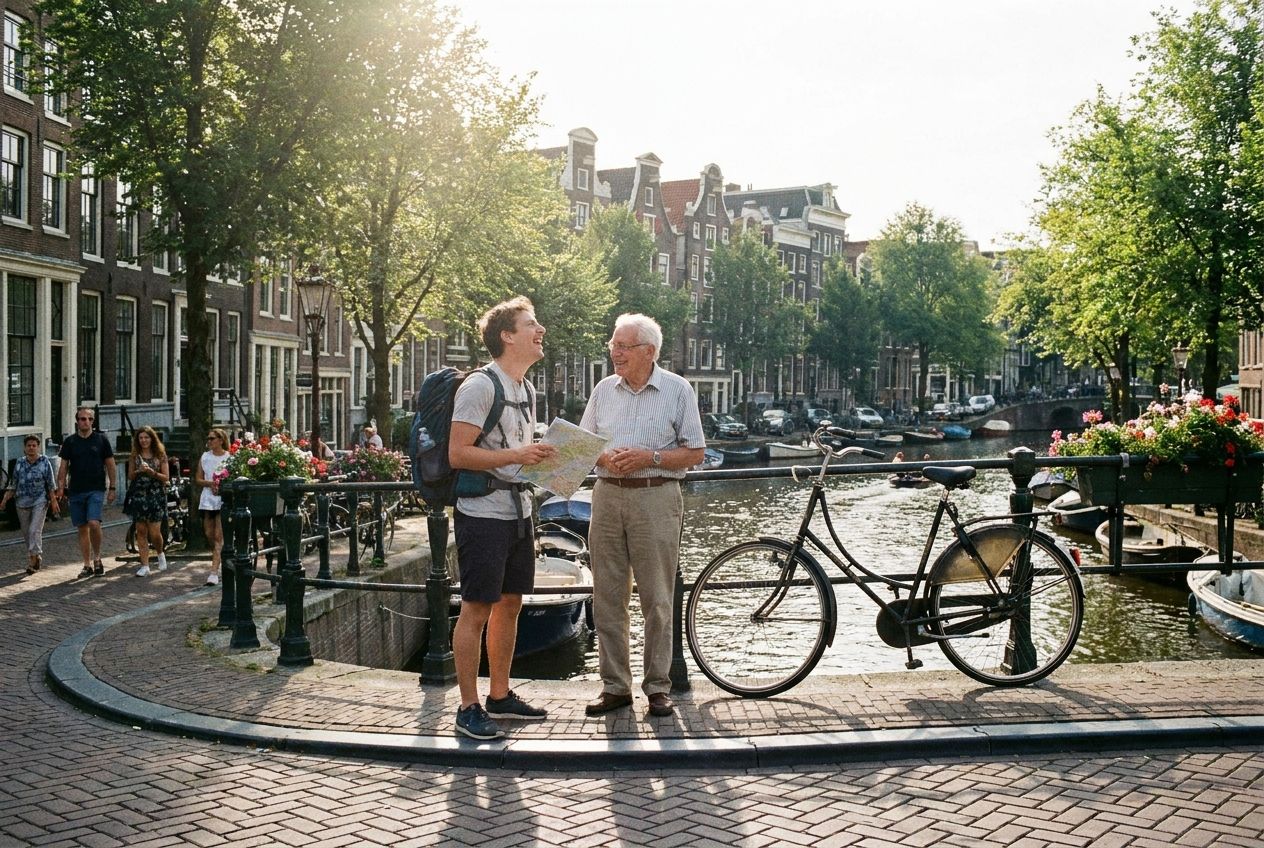 A candid, sunlit photograph of a tourist asking for directions from a friendly local on a picturesque bridge in a historic Dutch city. The scene captures the charming canal, traditional gabled houses, and a bicycle nearby, composed for a 3:2 landscape frame.