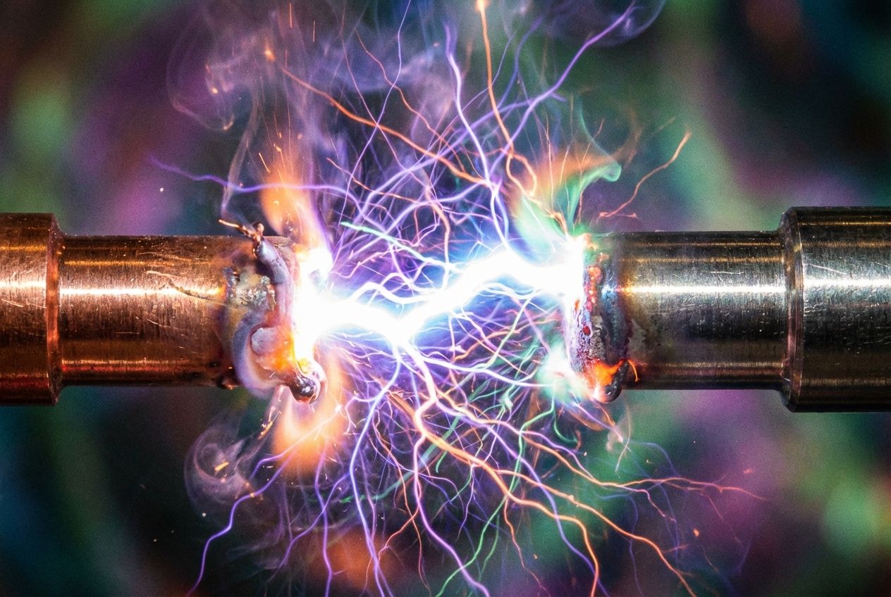 A close-up, dramatic photograph of an intense electrical arc leaping between two distinct, polished metallic electrodes, with intricate, glowing energy pathways intertwining and branching out from the central arc. The entire scene is bathed in a vibrant, ethereal glow, creating a sense of powerful connection and dynamic forces at play, composed for a 3:2 landscape frame.
