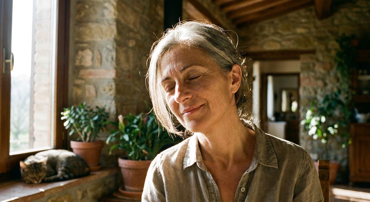 A peaceful, sun-drenched close-up portrait of an Italian woman in her 50s, gently smiling with eyes closed, experiencing a moment of profound wellbeing and comfort. Soft morning light streams through a window, highlighting her serene expression against the subtly rustic interior of a cozy Italian home.