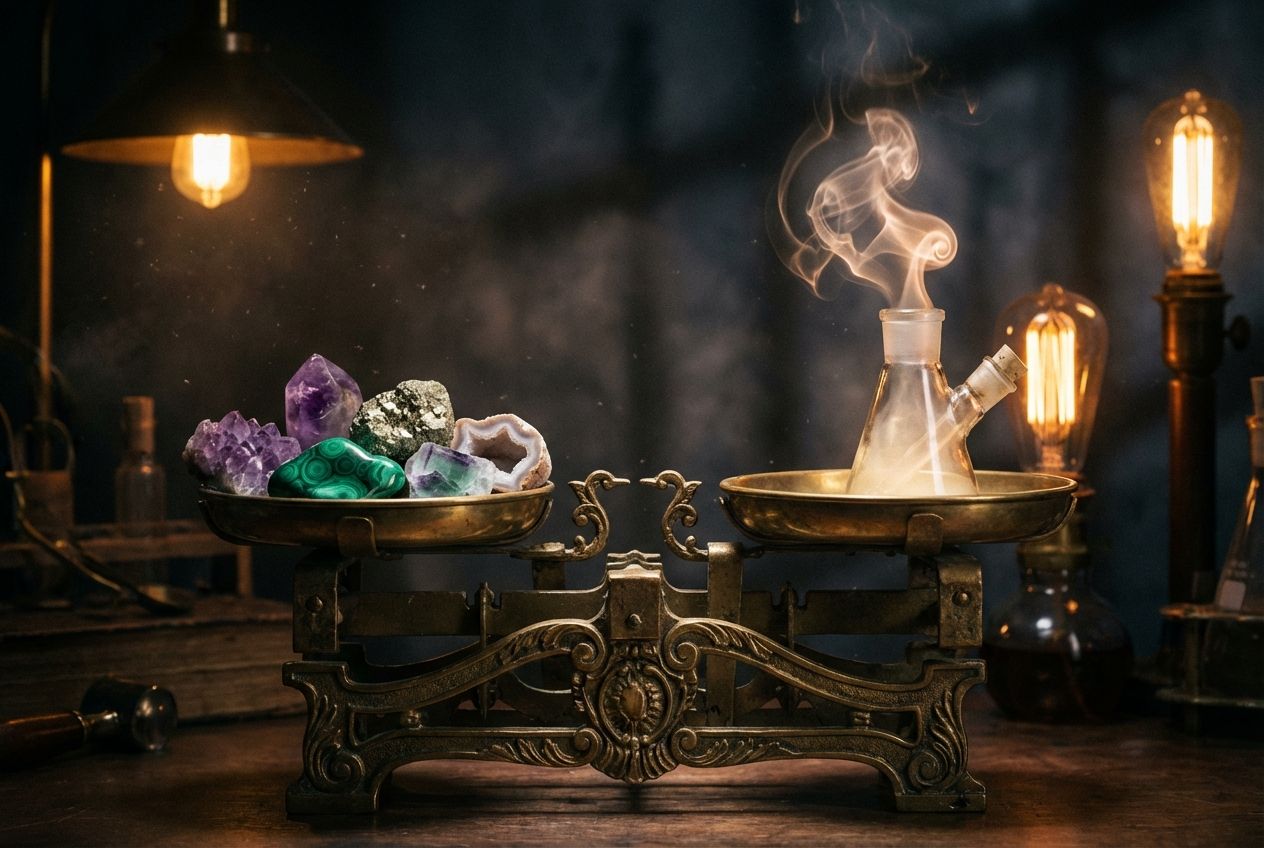 A dramatic, low-angle photograph of an ornate, antique brass balance scale perfectly in equilibrium. On one pan, a collection of unique, polished geological crystals and minerals. On the other pan, a delicate, glowing plume of steam or smoke gracefully rises from an open, antique glass flask, its ethereal presence perfectly balancing the solid elements. The scene is lit with moody, scientific lighting against a dark, atmospheric background, composed for a 3:2 landscape frame.