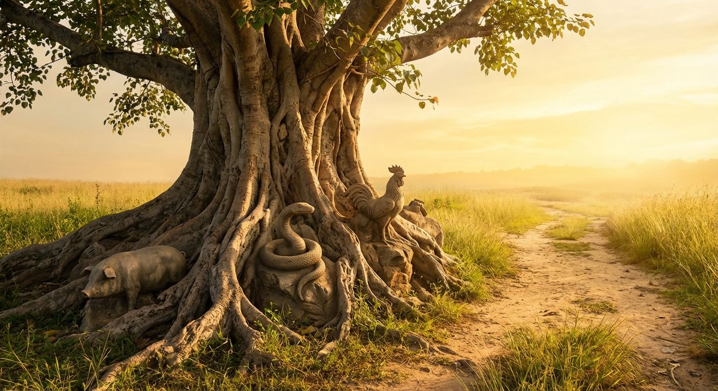 An ancient, majestic Bodhi tree stands tall at the center of a serene, sun-drenched landscape, its sprawling roots forming a natural, contemplative space. Subtly integrated into the gnarled roots or emerging as ethereal, artistic forms are a pig, a snake, and a cockerel, symbolizing the Three Poisons. A clear, winding path stretches from the tree towards a horizon bathed in soft, hopeful light, emphasizing the journey of the Eightfold Path.