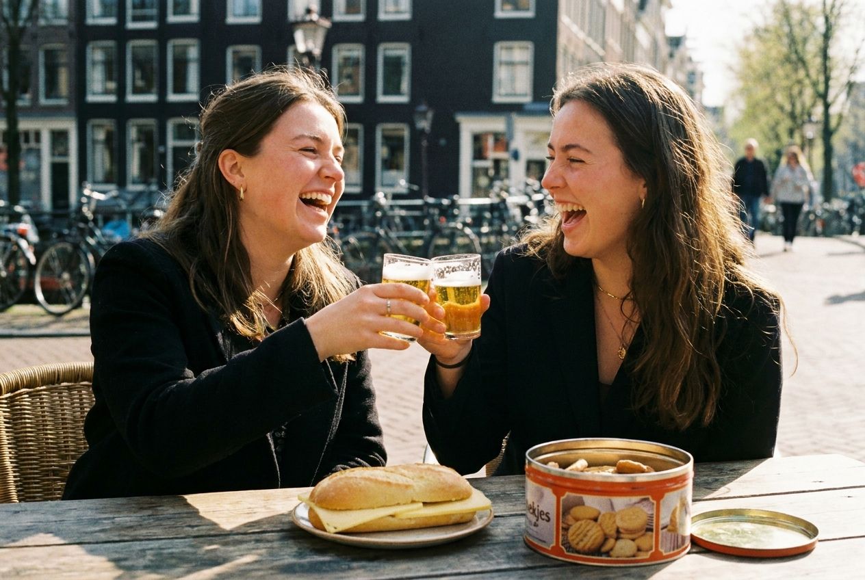 A vibrant, warm close-up photograph of two friends laughing and clinking small beer glasses ('biertjes') on a sunny terrace in a Dutch city. On the wooden table, there are also a 'broodje kaas' (cheese roll) and 'koekjes' (biscuits), emphasizing small, casual delights. The background shows blurred canal houses, capturing a cosy, everyday Dutch social scene, composed for a 3:2 landscape frame.